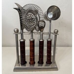 Vintage Pottery Barn Cocktail Barware Tool Set Brown Alligator Croc Handles MCM